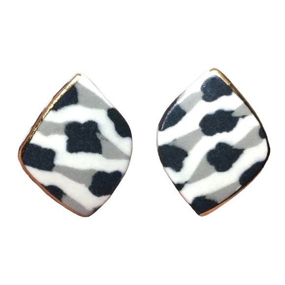 Handmade Nerikomi Pattern Colored Clay Porcelain Stud Earrings With Gold Edge - Picture 1 of 11